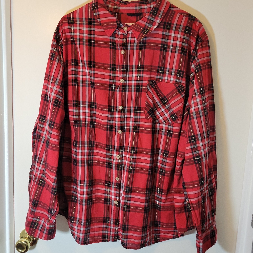 AVA & VIV  3XL RED BLACK METALIC THREAD PLAID LONG SLEEVE BUTTON DOWN